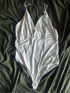 Shinestar White One-Piece Bodysuit with V-Neck